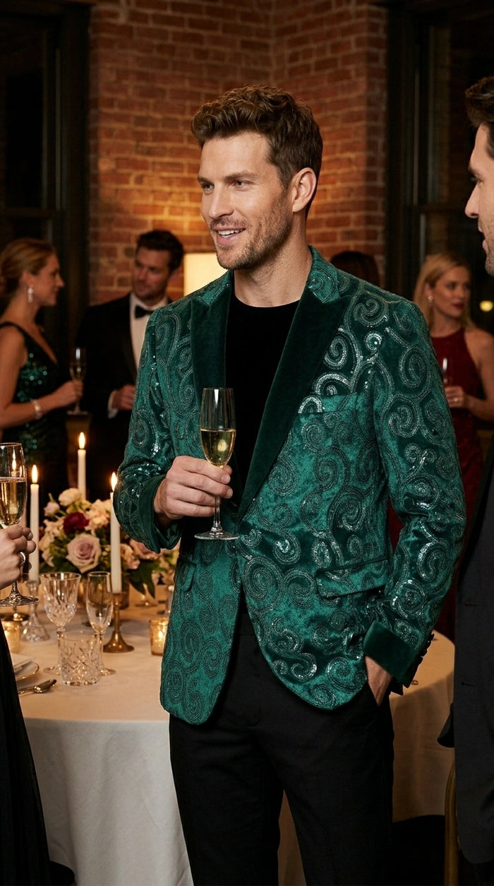 Men’s Emerald Green Paisley Tuxedo Dinner Jacket with Black Lapel, Formal Prom Wedding Party Blazer