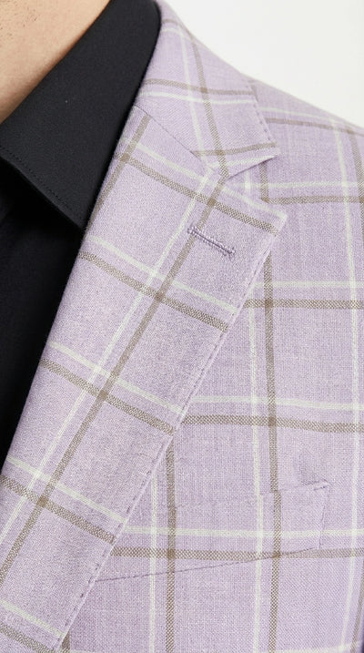 Men’s Lilac Lavender Windowpane Check 3 Piece Suit – Lilac Plaid Formal Suit with Vest for Wedding, Prom and Business Events