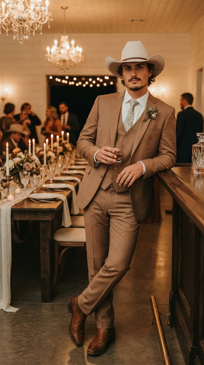 Mens Camel Brown Copper Western 3 Piece Suit – Classic Country Style Blazer Vest Pants Set, Formal Cowboy Suit Outfit