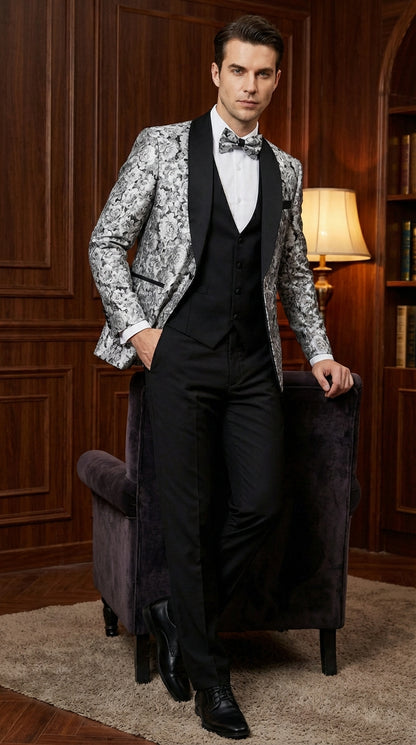 Mens Black and Silver Floral Tuxedo – Luxury Patterned Wedding, Prom and Formal Dinner Tuxedo