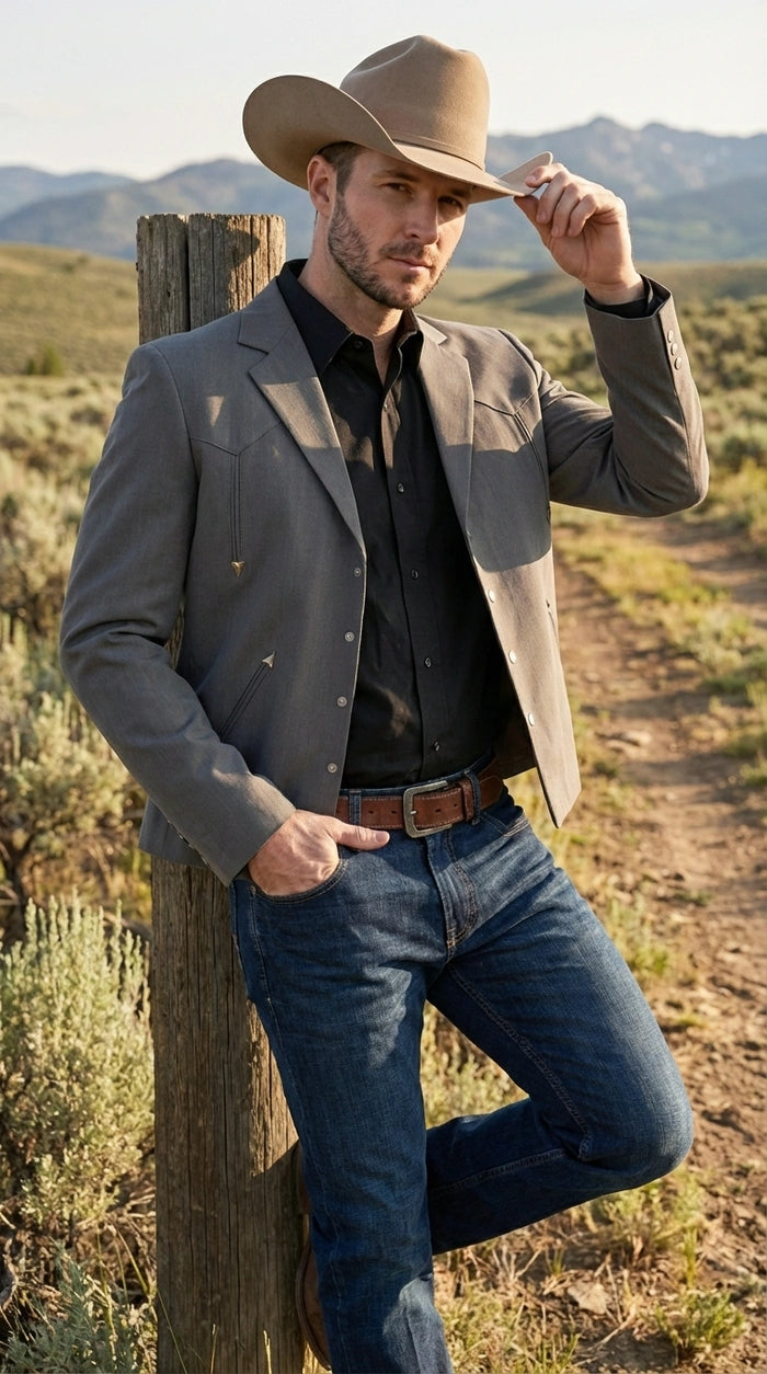 Mens Charcoal Gray Western Blazer – Cowboy Style Casual Jacket Classic Country Western Sport Coat