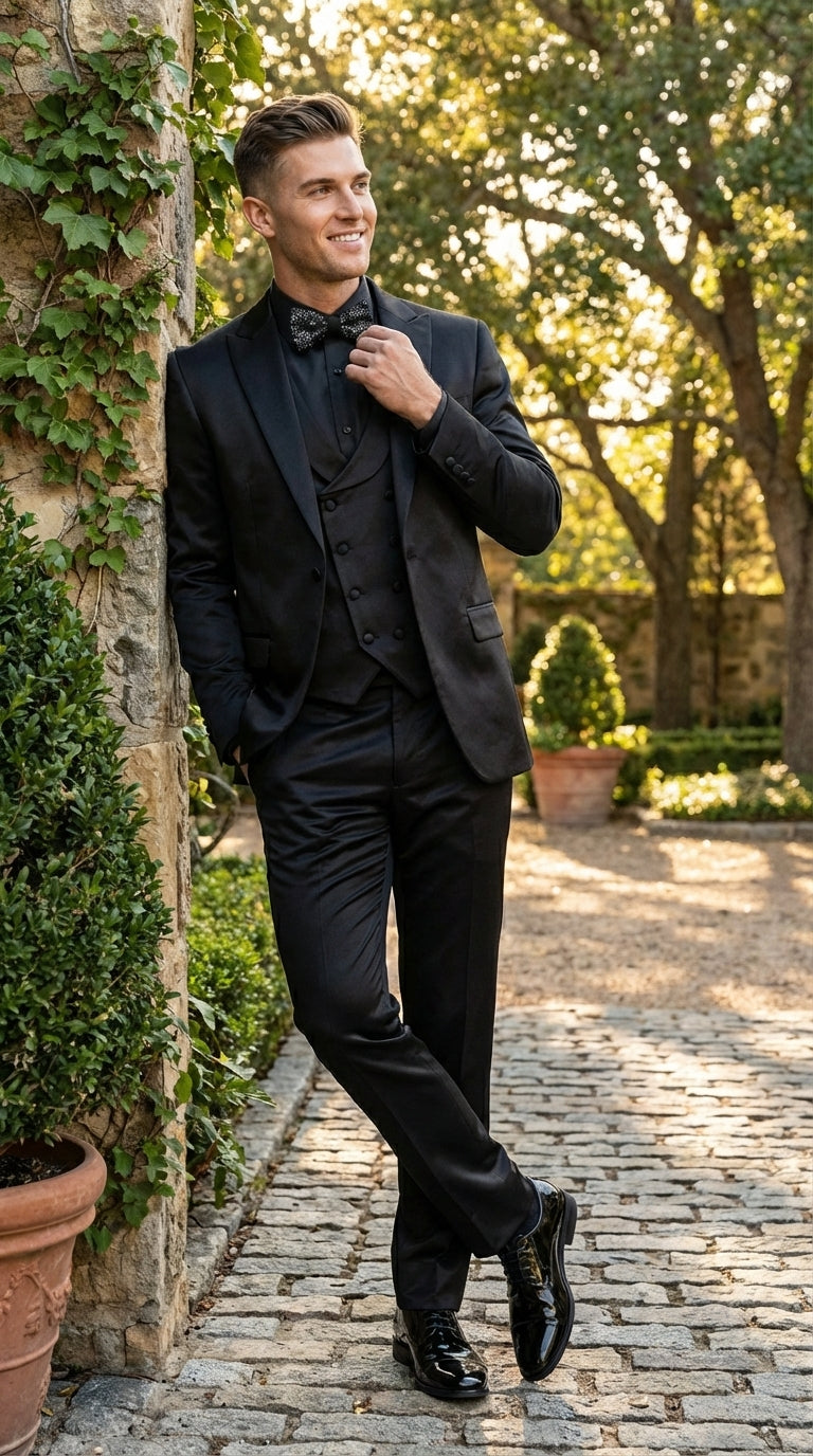 Men’s All Shiny Black Satin Suit – Black Satin Tuxedo Suit for Prom, Wedding, Formal Party and Evening Events Double breasted Vest