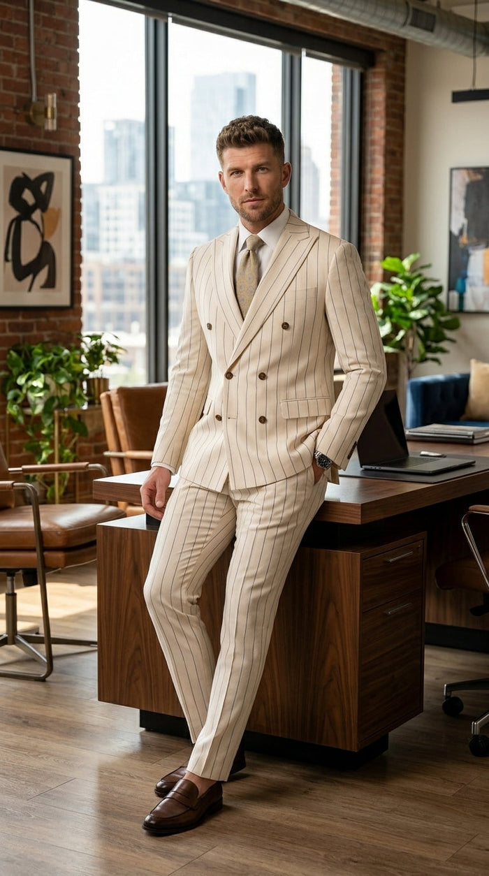 Men’s Cream Off White Pinstripe Pinstripe 2 Piece Double Breasted Suit, Summer Wedding Ivory Color By Vitali