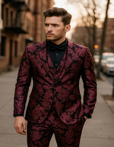 Menƒ??s Black and Deep Pink Floral Tuxedo Suit ƒ?? Slim Fit 2 Piece Formal Set with Matching Bow Tie 2   - from alligatorwarehouse.com