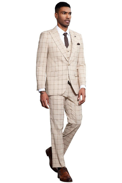Men's Stacy Adams One Button Peak Lapel Vested Windowpane Plaid Suit in Tan 6 SM171H1-102-38R  - from alligatorwarehouse.com