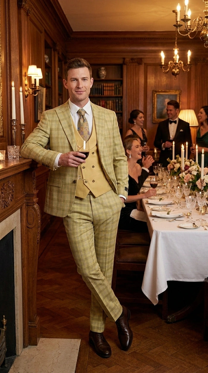 Vitali Men’s Sage Beige Tan Plaid 3 Piece Suit, Check Pattern Formal Dress Suit for Weddings, Prom, Business Events, Modern Fit Light Yellow Color
