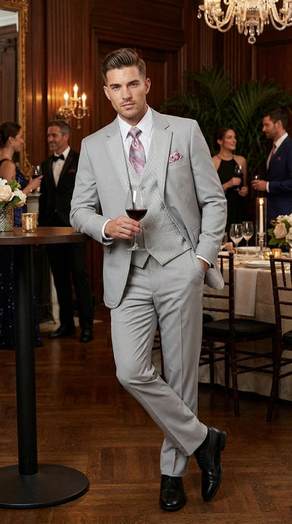 Men’s Light Gray 3 Piece Suit – Ice Silver Gray Formal Suit Set with Vest, Patterned Lapel and Tie for Wedding, Prom and Business Events