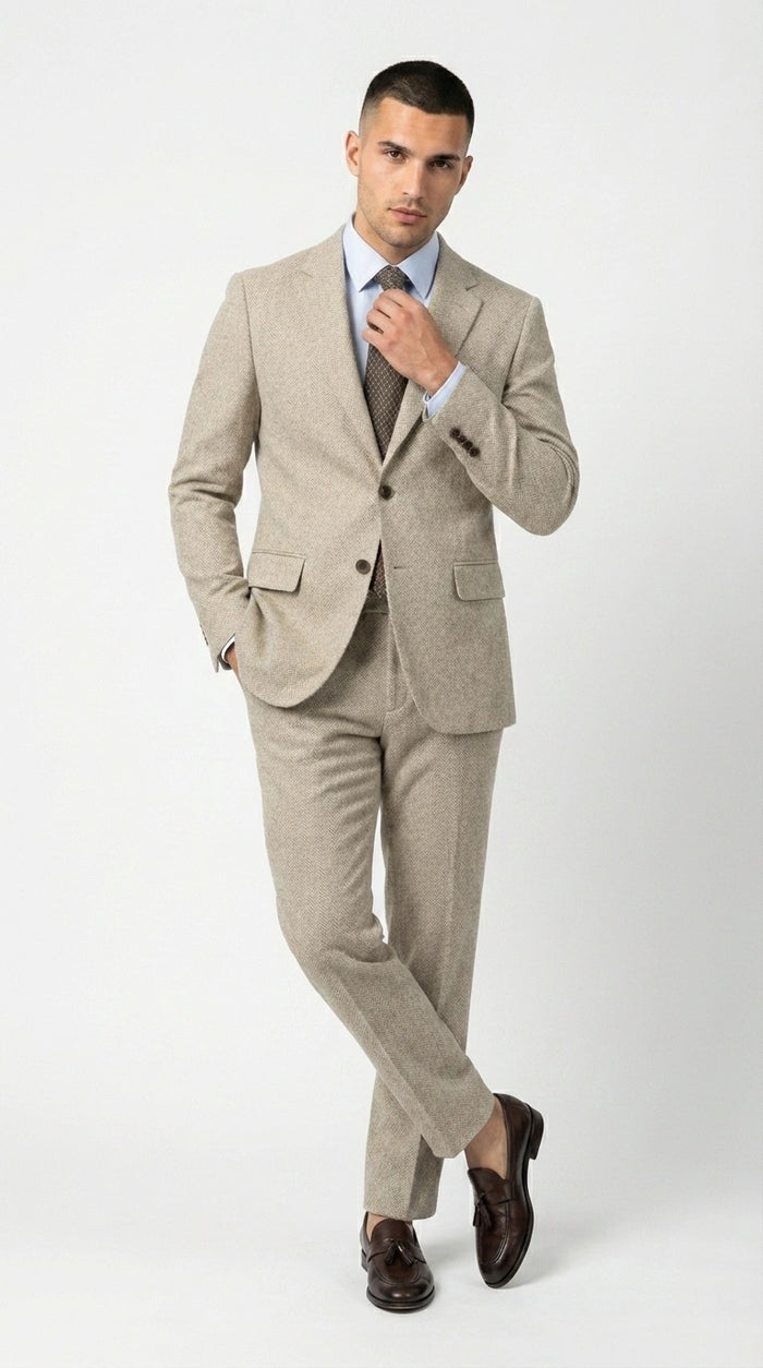 Men’s Light Tan Tweed Suit – Classic Beige Two Piece Suit, Herringbone Formal Wear, Vintage Style Business & Wedding Outfit for Men