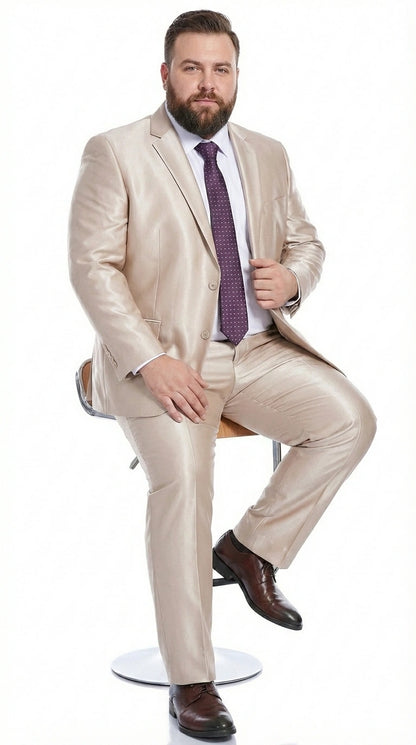 Men’s Champagne Tan Sharkskin 2 Button Suit – Shiny Formal Suit with Optional Vest for Wedding, Prom, Business Beige Color