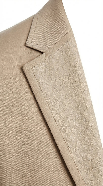 Men’s Tan Beige 3 Piece Tuxedo Suit – Beige Formal Suit Set with Vest, Patterned Lapel and Tie for Wedding, Prom in Tan Khaki Color