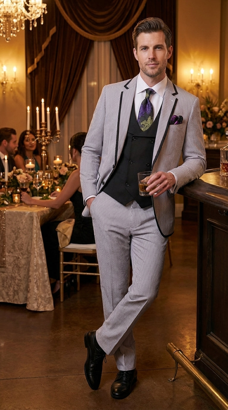 Mens Black and White Pinstripe Wedding Tuxedo Suit – Three Piece Formal Suit Set with Contrast Trim for Groom, Prom - Seersucker Summer Suit