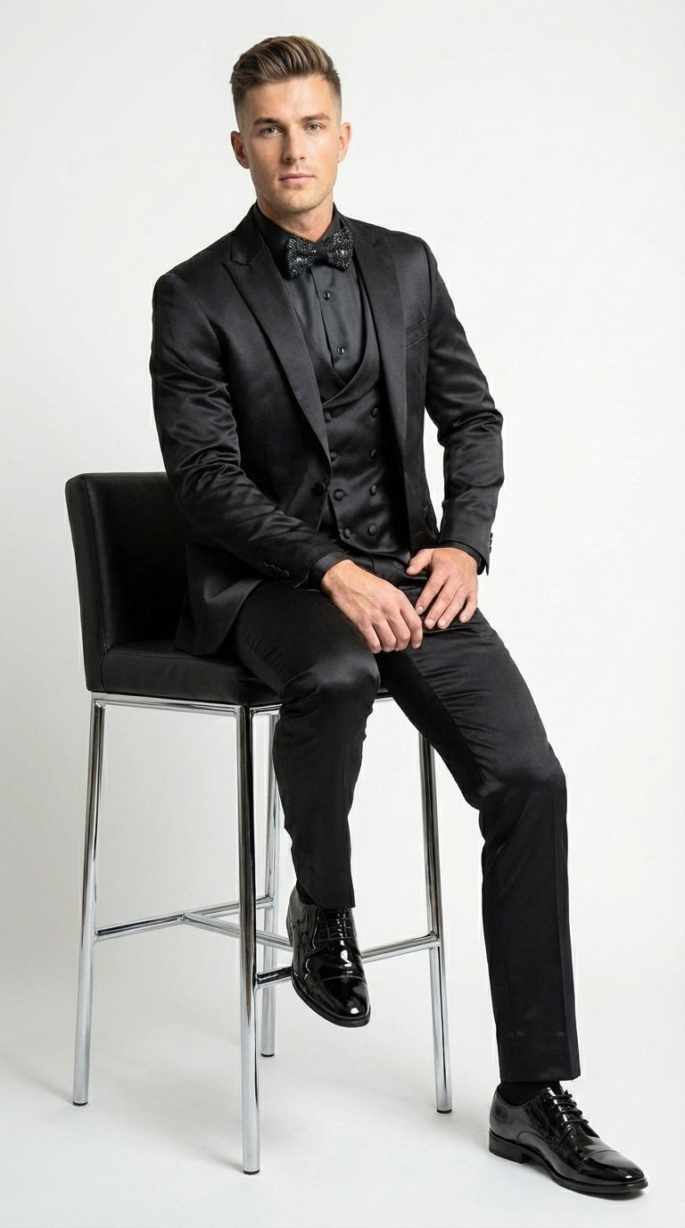 Men’s All Shiny Black Satin Suit – Black Satin Tuxedo Suit for Prom, Wedding, Formal Party and Evening Events Double breasted Vest