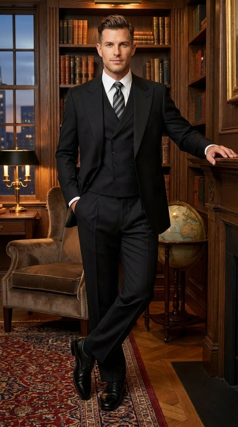 Tiglio Mens Black 3 Piece Suit – Single Button Classic Fit Pleated Wide Leg Pants Formal Business Church Suit - 100% Wool