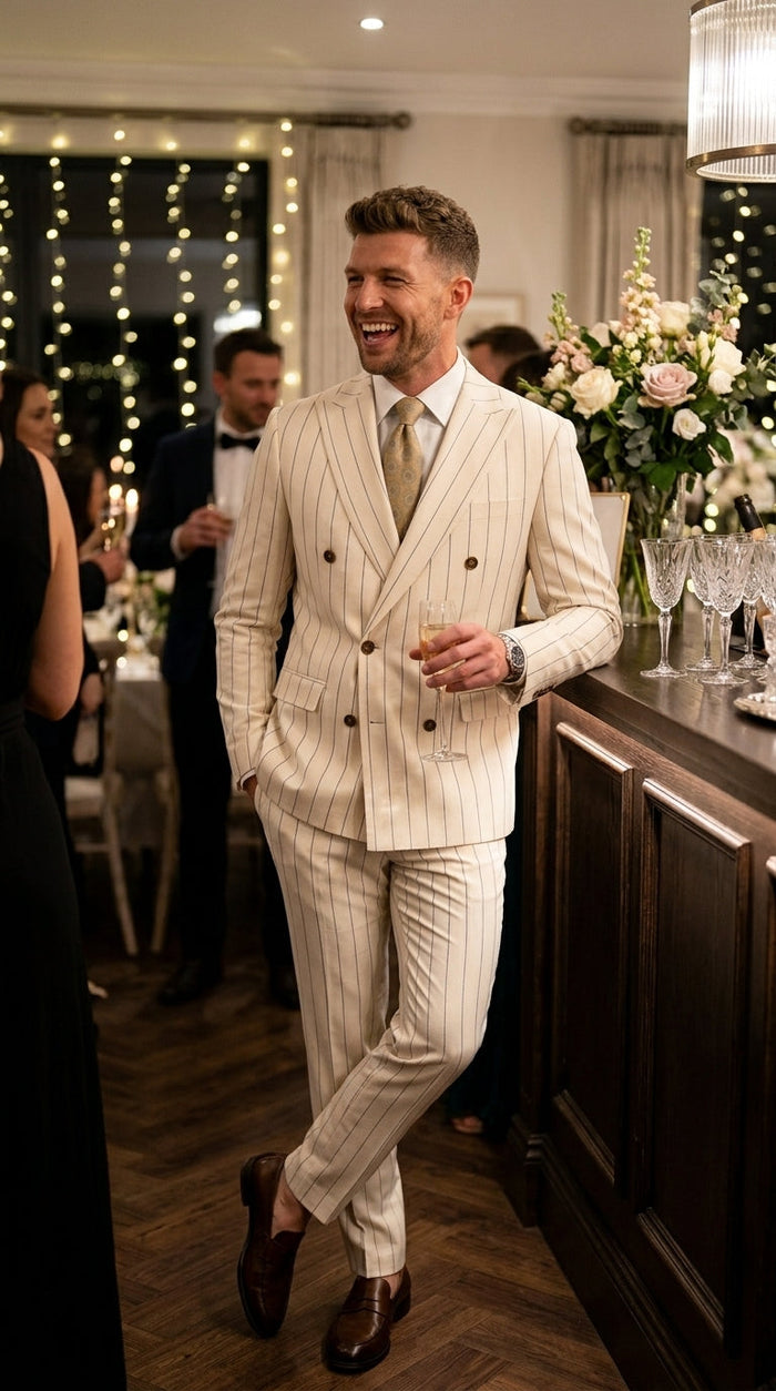 Men’s Cream Off White Pinstripe Pinstripe 2 Piece Double Breasted Suit, Summer Wedding Ivory Color By Vitali