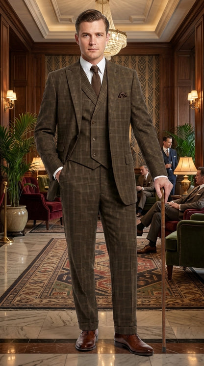 Men’s 1930s Brown Plaid 3 Piece Suit, Vintage Formal Wedding Business Dress Suit Set