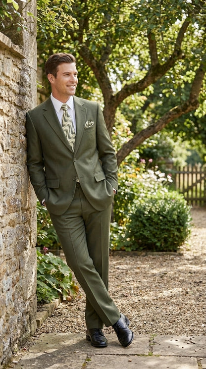 Men’s Olive Green Tuxedo With Trim Collar – Formal Wedding, Prom Suit Modern Fit