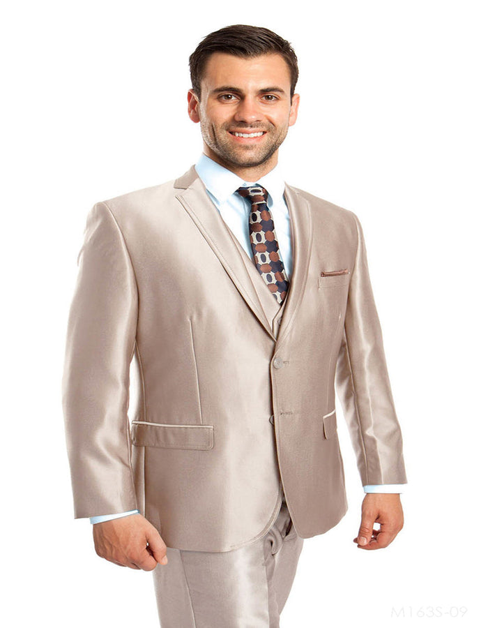 Mens Tazio Vested Slim Fit Shiny Sharkskin Suit in Champagne