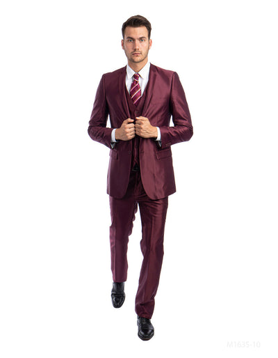 Mens Tazio Vested Slim Fit Shiny Sharkskin Suit in Burgundy 1 H8-7747  - from alligatorwarehouse.com