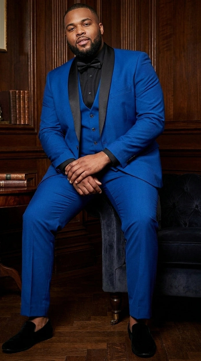 Men’s Royal Blue 3 Piece Suit with Black Lapel – Modern Formal Suit for Wedding, Prom and Party Wear