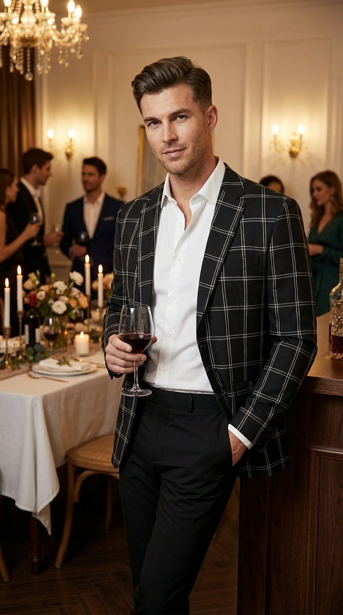 Men’s Black Windowpane Check Blazer – Black Plaid Formal Blazer Jacket for Business, Wedding and Smart Casual Style