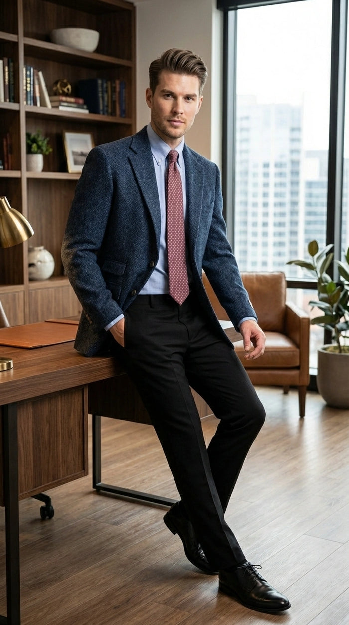 Mens Light Blue Tweed Blazer Sport Coat – Classic Herringbone Jacket Formal Business Casual Smart Outerwear in indigo cobalt blue