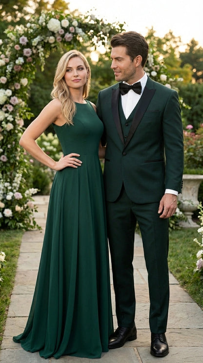 Men’s Hunter Green Tuxedo Suit 3 Piece – One Button Peak Lapel Designer Formal Suit for Wedding,  Light Weight Wool By Statement Dark Green