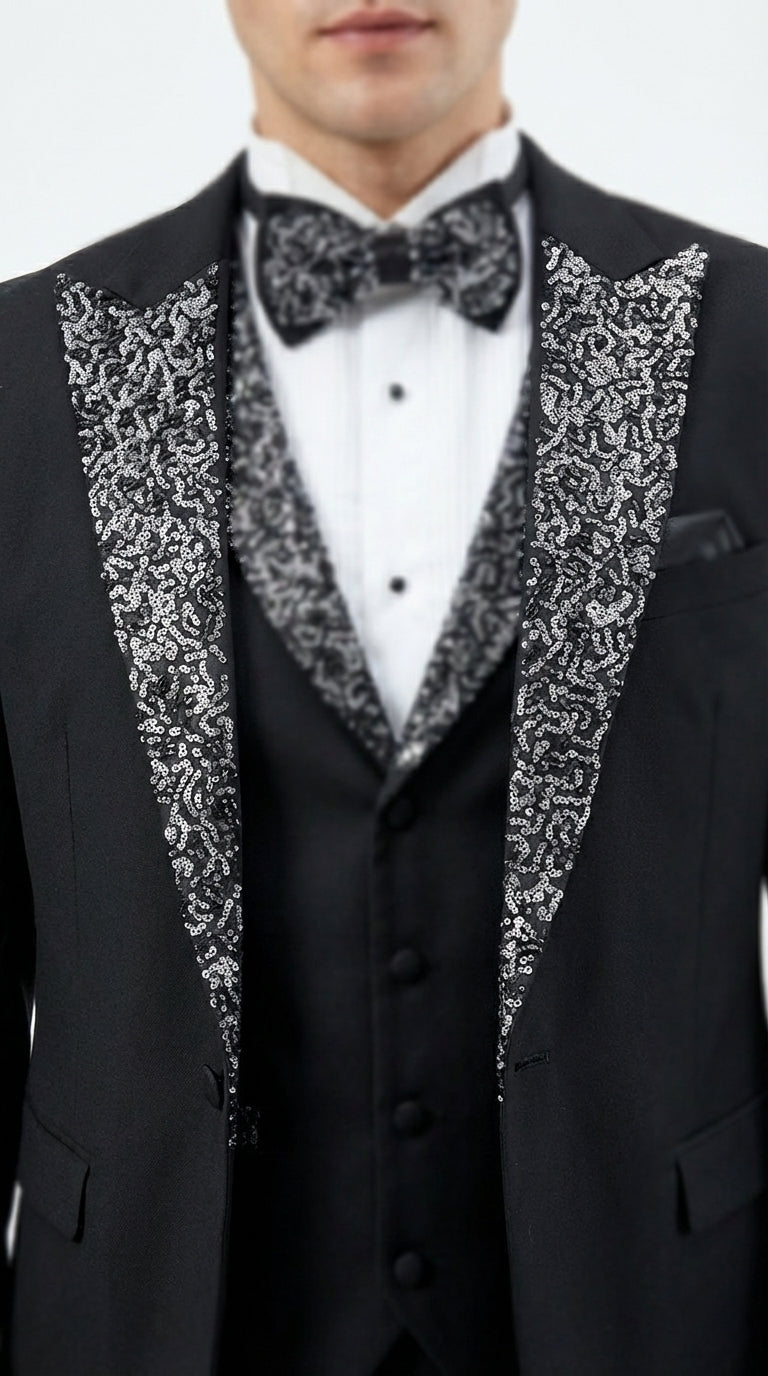 Mens Black and White Lapel Tuxedo Suit – Black Formal Tuxedo with White Pattern Lapel for Wedding, Prom and Evening Events