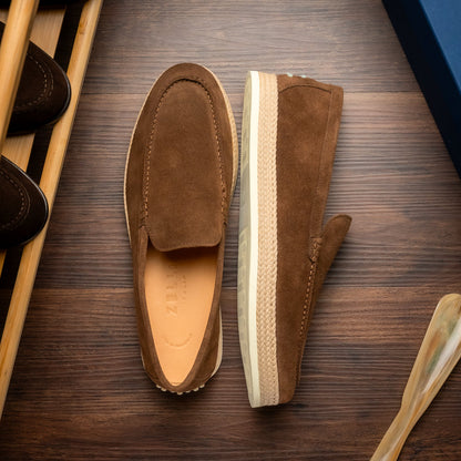 Zelli Amato Handcrafted Suede Espadrille Loafer in Dark Brown