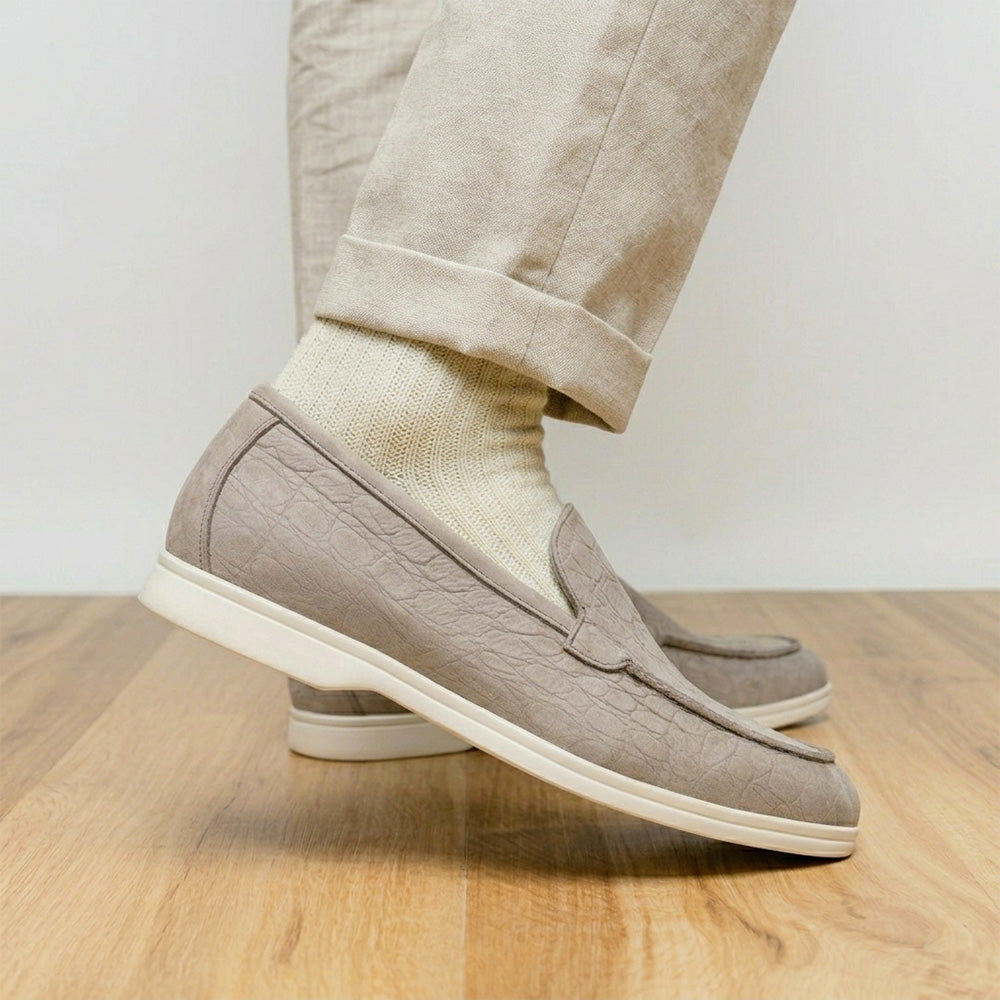 Zelli Livorno Stampata Crocodile Embossed Nubuck Loafer in Bone