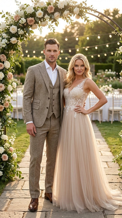 Men’s Light Beige Herringbone Tweed Suit with Vest – Classic Three Piece Formal Suit, Vintage Business Wedding Outfit, Elegant Smart Casual Wear