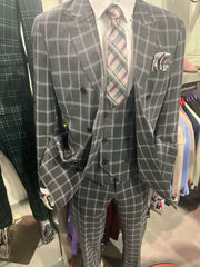 Menƒ??s Gray Checkered 3 Piece Double-Breasted Suit ƒ?? Slim Fit Formal Outfit - Vested Glend Plaid Pattern Checkered