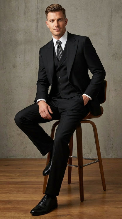 Tiglio Mens Black 3 Piece Suit – Single Button Classic Fit Pleated Wide Leg Pants Formal Business Church Suit - 100% Wool