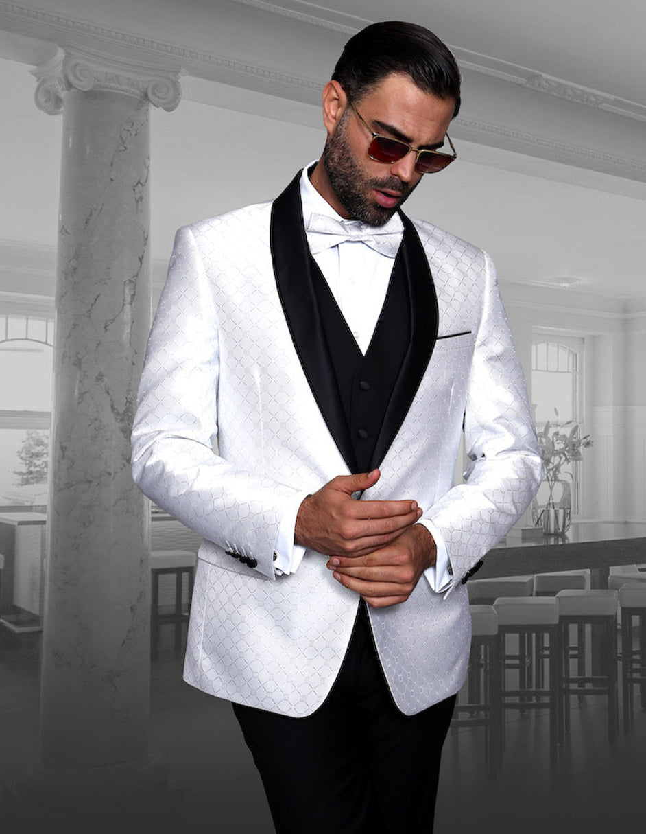 Mens Vested One Button Shawl Tuxedo in Geometric Chain Print in White 1 BELLAGIO-5_ROYAL_54L  - from alligatorwarehouse.com