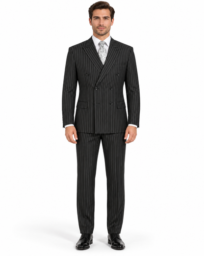 Pleated Suit - Mens Suits With Pleated Pant -  Regular Fit Suit - Bold Black Pinstripe Suit
