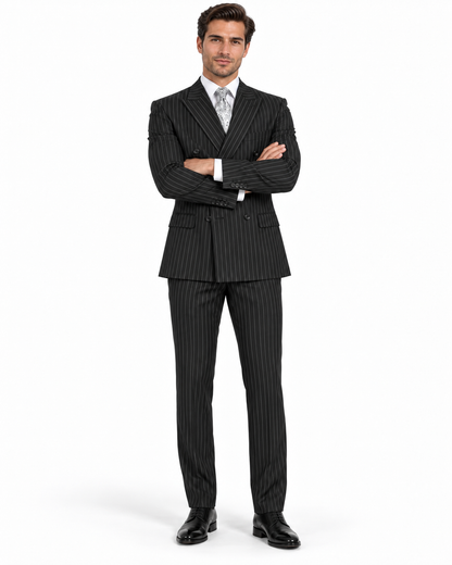 Pleated Suit - Mens Suits With Pleated Pant -  Regular Fit Suit - Bold Black Pinstripe Suit