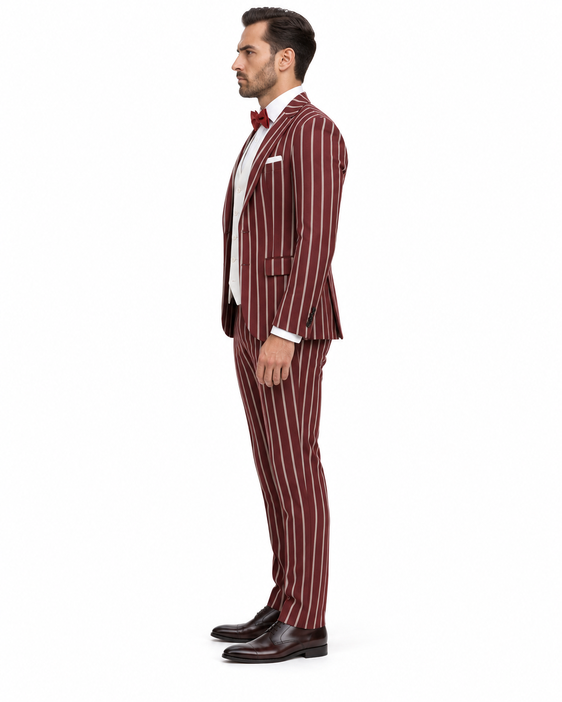 1920s Mens Vested Bold Gangster Pinstripe Suit in Burgundy