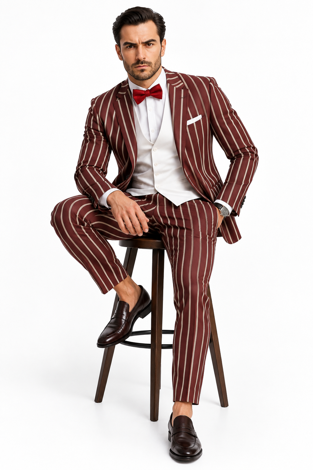 1920s Mens Vested Bold Gangster Pinstripe Suit in Burgundy