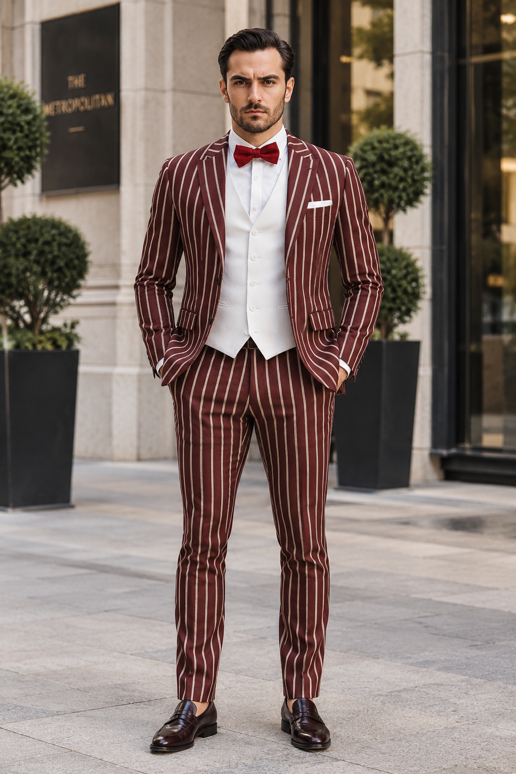 1920s Mens Vested Bold Gangster Pinstripe Suit in Burgundy