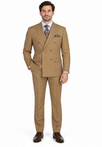 1920's Mens Vested Bold Gangster Vintage Plaid Suit With White Vest in Camel