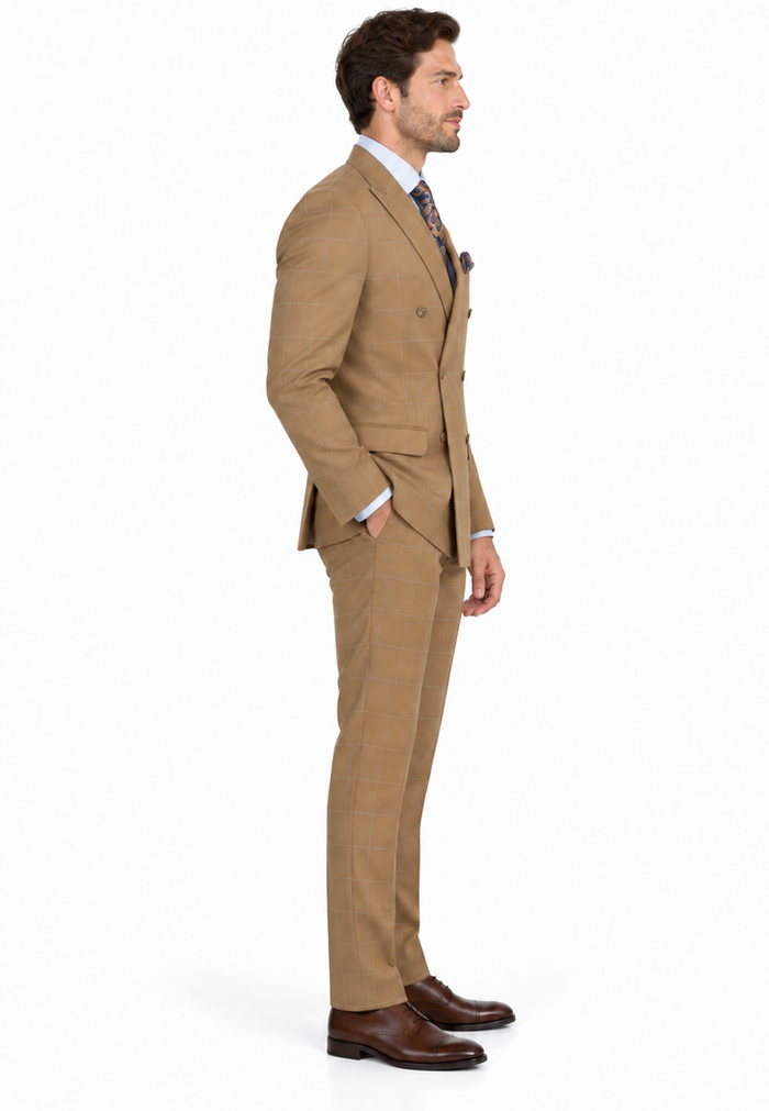 1920's Mens Vested Bold Gangster Vintage Plaid Suit With White Vest in Camel