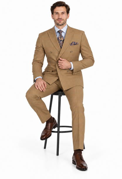 1920's Mens Vested Bold Gangster Vintage Plaid Suit With White Vest in Camel