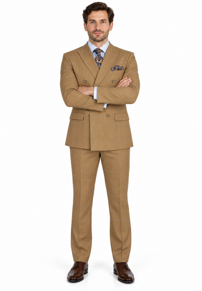 1920's Mens Vested Bold Gangster Vintage Plaid Suit With White Vest in Camel