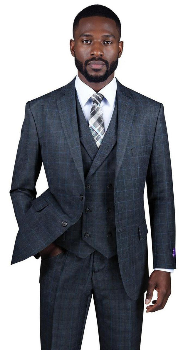 1920s Charcoal Square Plaid Mens Suit 3 Piece DB Vest Vinci V2RW-13