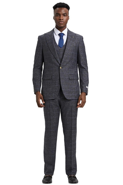Men's Stacy Adams Peak Lapel Suit with Double Breasted Vest in Charcoal Grey Windowpane Plaid 2 SM163H1-12-38R  - from alligatorwarehouse.com