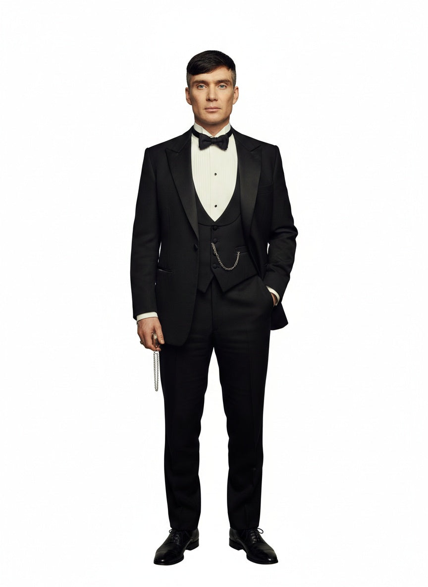 Men’s Black Peaky Blinders Style Three-Piece Tuxedo Suit – Classic Formal Suit with Blazer and Waistcoat Peak Lapel 1920s Style