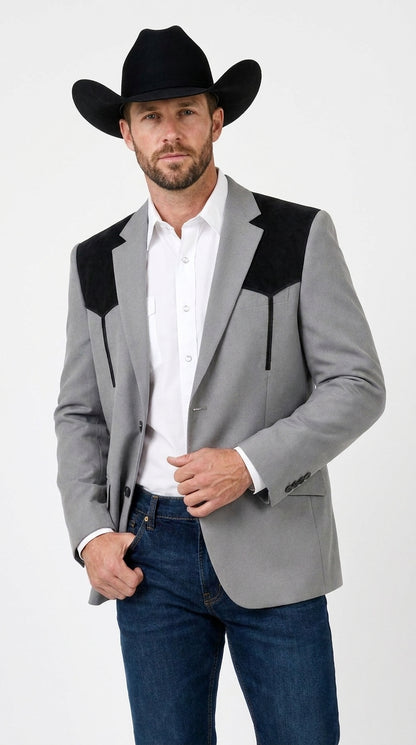 Men’s Grey Western Blazer with Black Suede Yoke – Cowboy Sport Coat for Rodeo, Country Wedding & Ranch Wear