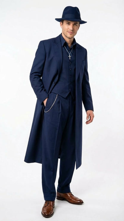 Men’s Navy Blue 1920s Zoot Suit – Long Mafia Gangster Three-Piece Vintage Costume Set Zuit Pachuco Style