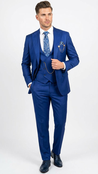 Men’s Royal Blue 3 Piece Suit Set with Vest – Formal Wedding and Party Wear Suit - Saphire Cobalt blue