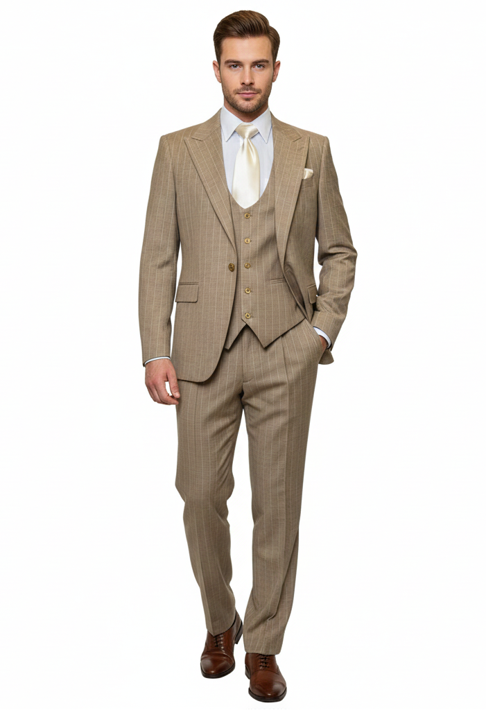 Men’s Beige Pinstripe Three-Piece Suit – Classic Fit Formal Suit with Vest and Flat-Front Pants in Tan Stripe By Rossiman