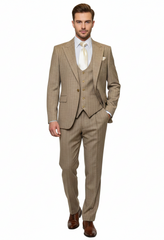 Men’s Beige Pinstripe Three-Piece Suit – Classic Fit Formal Suit with Vest and Flat-Front Pants in Tan Stripe By Rossiman